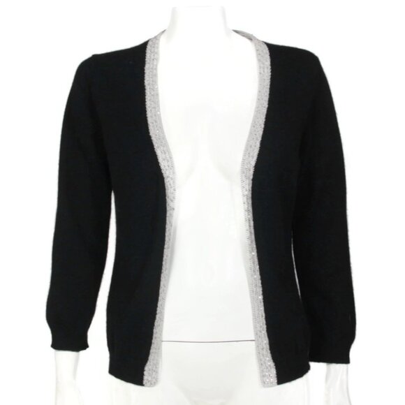 BCBG 100% Cashmere Black Open Front Sequin Trim Cardigan Sweater sz M /474 - Picture 1 of 7